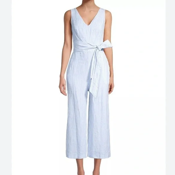 Saks Fifth Avenue Blue Striped Linen Jumpsuit Size Small - Picture 6 of 6